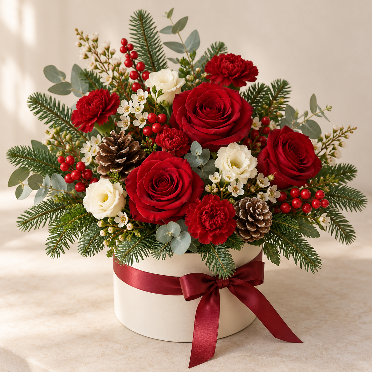Illustrative Christmas bloom box with red roses, evergreen foliage, berries and pine cones in an ivory box