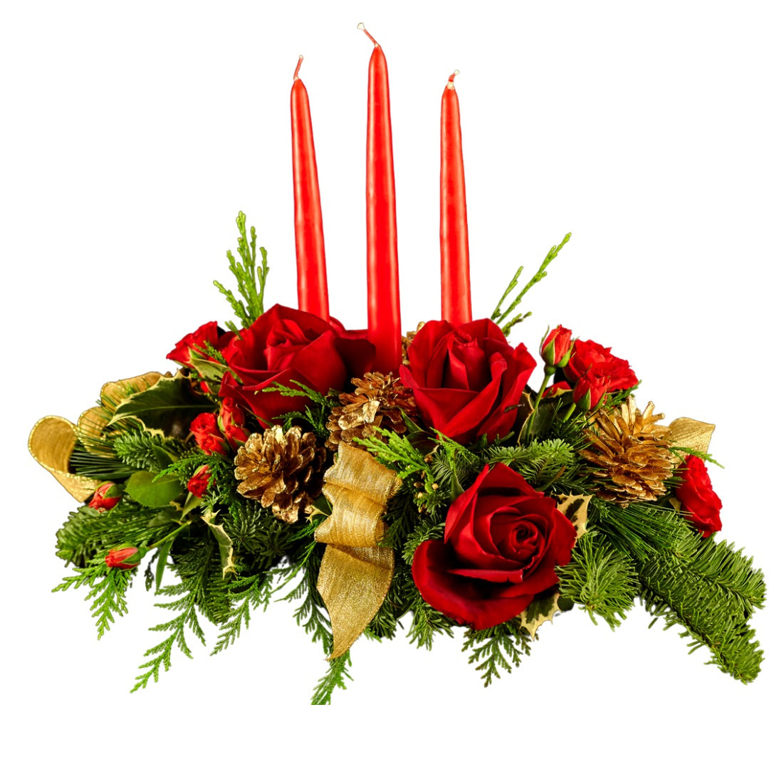 Red Roses with Christmas Greens