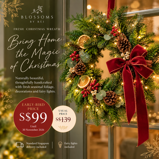 Blossoms by Rei fresh Christmas wreath early bird S$99, usual S$139, with delivery and fairy lights