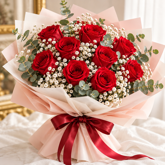 Nine red roses with baby's breath and eucalyptus, Ai no Koto bouquet