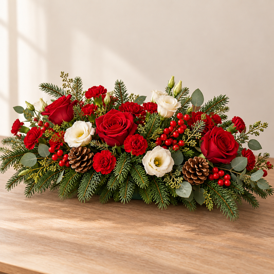 Illustrative low Christmas table arrangement with red roses, cream flowers, evergreen foliage, berries and pine cones; base concealed by foliage